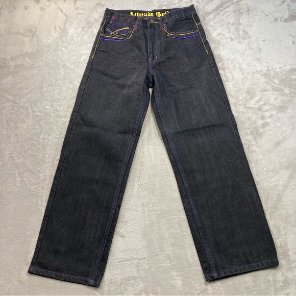 Attitude Gold Denim Jeans Women's 14 Purple Yellow Embroidered Purple Stitching - Picture 2 of 12